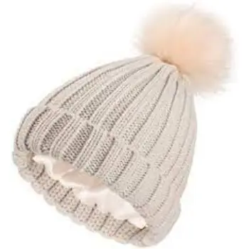 Womens Winter Satin Lined Pom Hats Knitted 